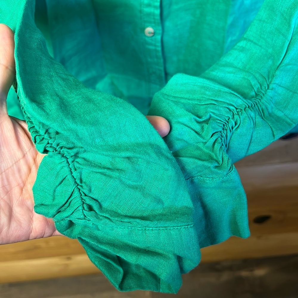 Maeve Anthropologie Womens Green Button Down Shirt Ruched Long Sleeve Md pocket‎ - Picture 5 of 9